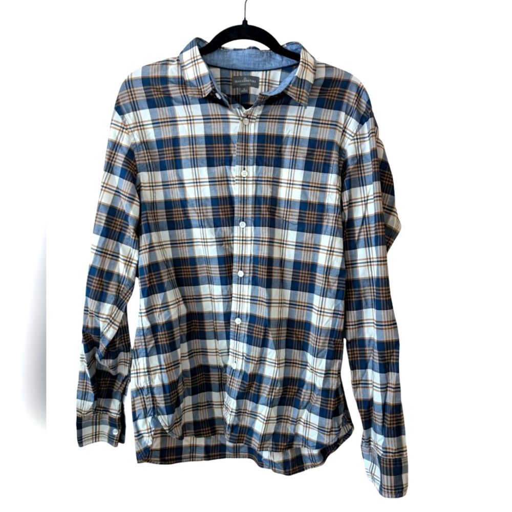 L.L. Bean Signature Mens Brown Navy Plaid Button Up Shirt Size Large